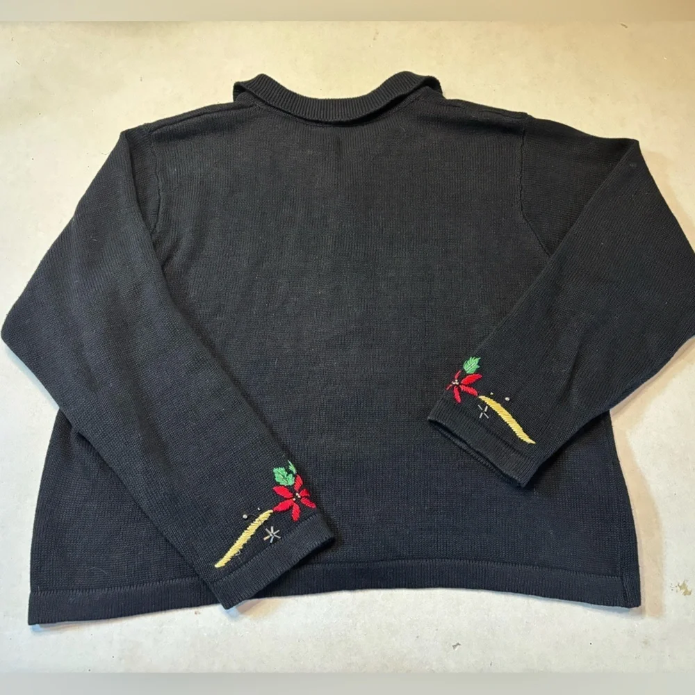 Vintage Black Christmas Cardigan Poinsettia Embroidered Beaded L-XL Cozy Cottage